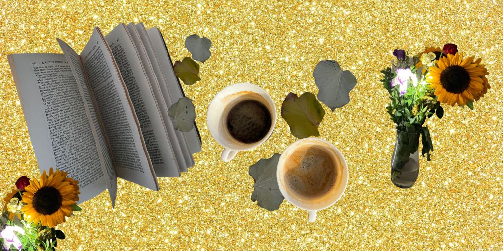 a collage of a book, sunflower, and coffee cups on gold glitter background.