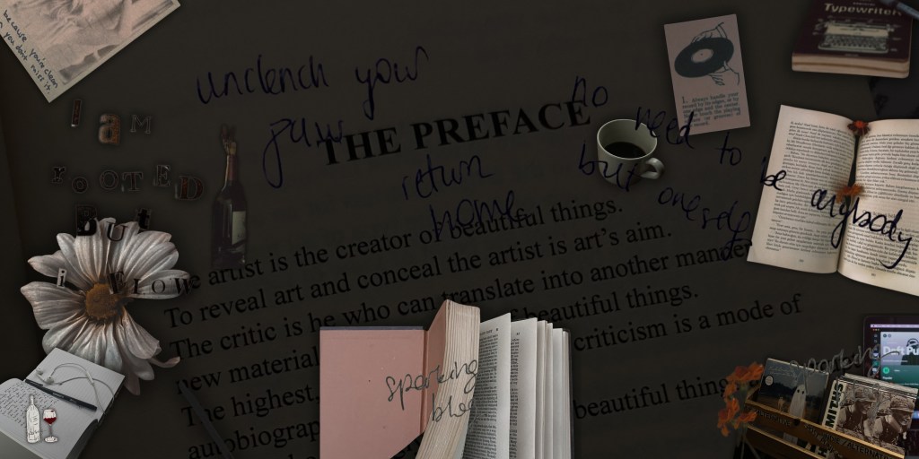 a scrapbook of books, flowers, coffee, writing, and music.