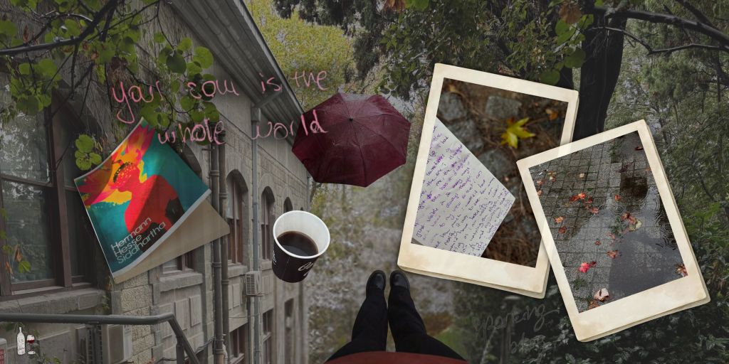 a collage of autumn photos, coffee, and a book by Hermann Hesse called Siddhartha.